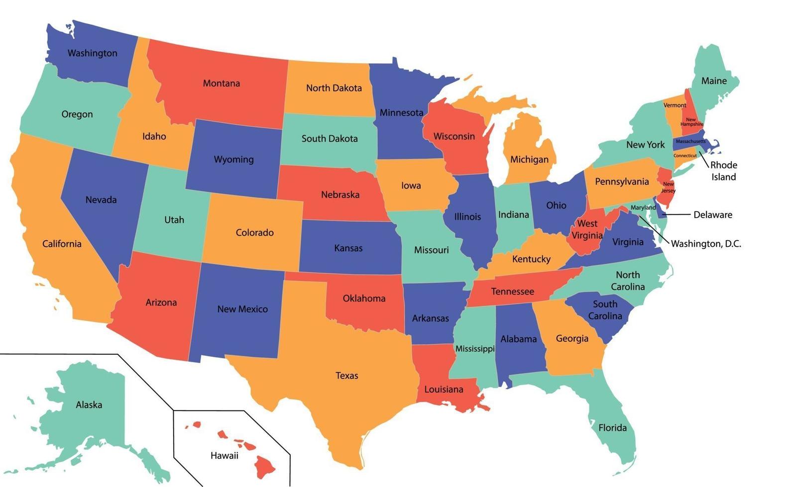 mapa dos EUA com alto nível de detalhes, com cores diferentes para cada estado. vetor