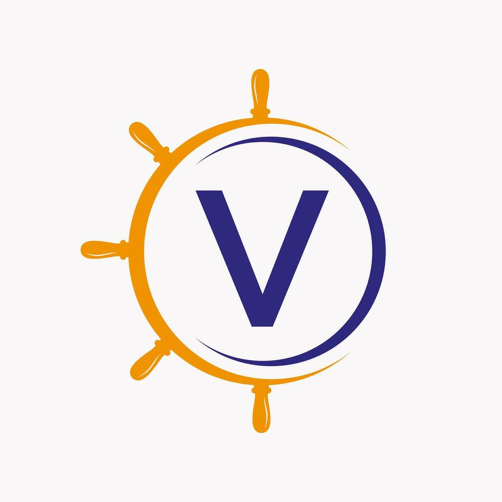 carta v navio logotipo conceito com navio roda símbolo vetor modelo