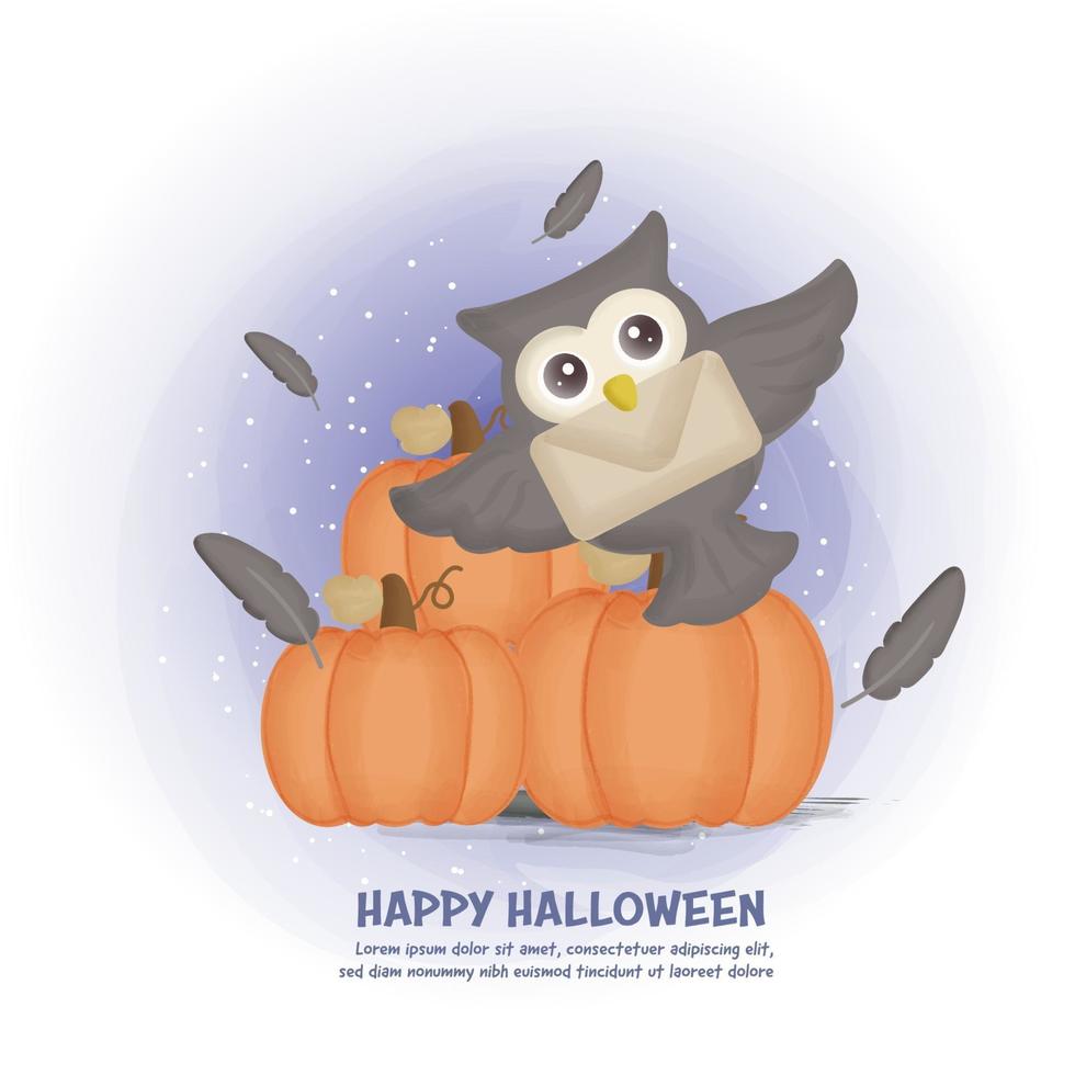 cartão-postal de halloween com coruja bonita e abóboras. vetor