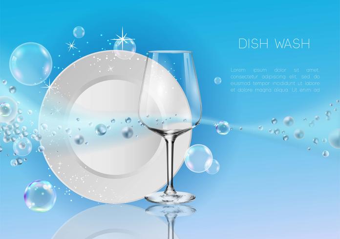 Um prato limpo e copo de vinho em bolhas de sabão e respingos de água. vetor