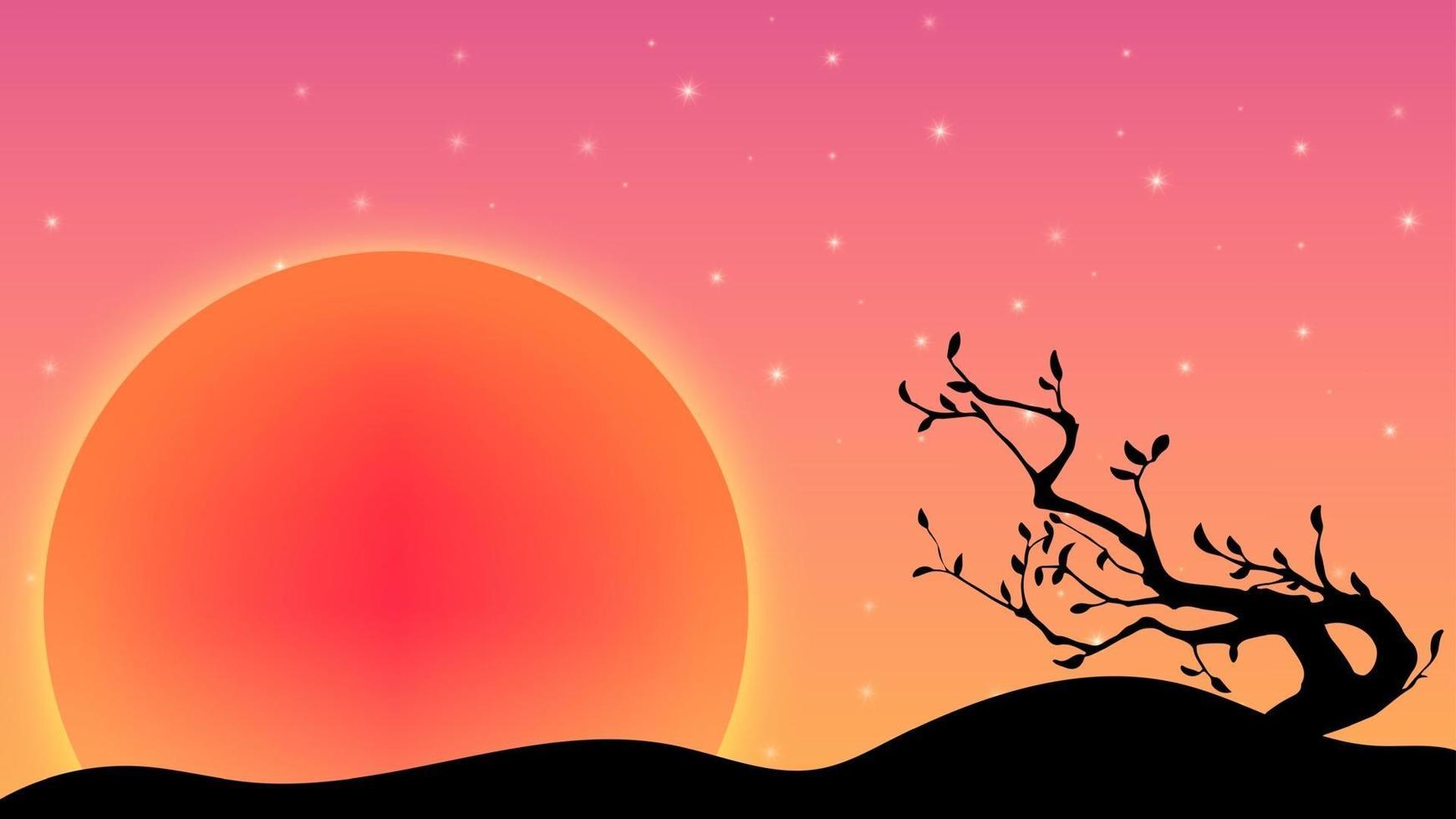 fundo laranja pôr do sol com estrelas e planeta sol recuado vetor