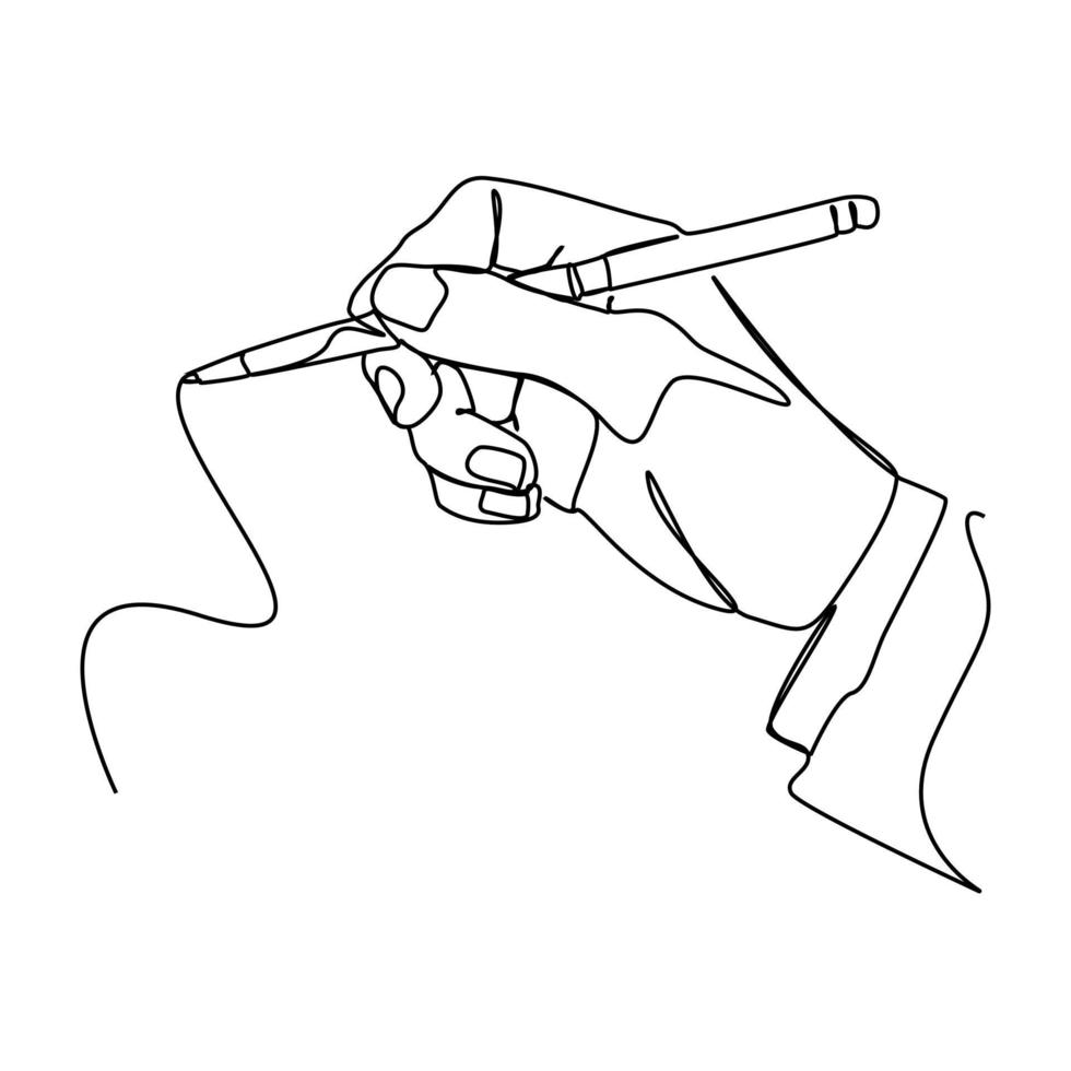 linha contínua linha desenhada à mão segurando uma caneta e um lápis vetor