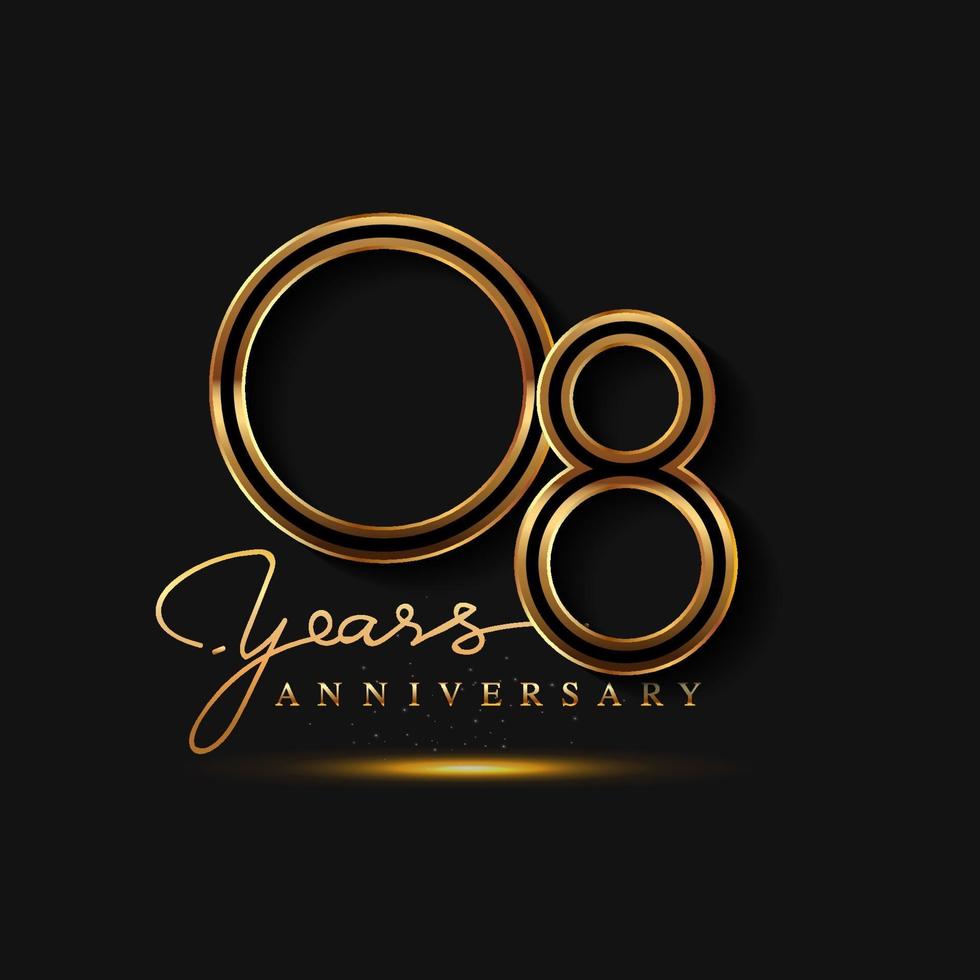 Logotipo de aniversário de 8 anos dourado isolado em fundo preto vetor