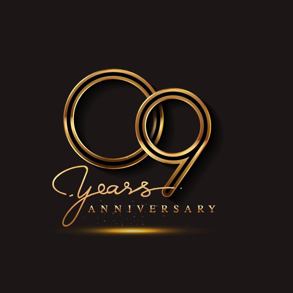 Logotipo de aniversário de 9 anos dourado isolado em fundo preto vetor