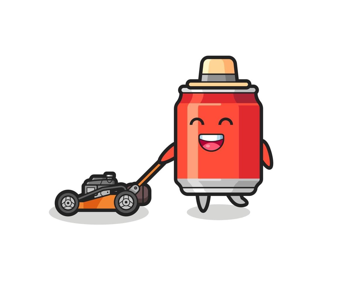 ilustração do personagem de lata de bebida usando cortador de grama vetor