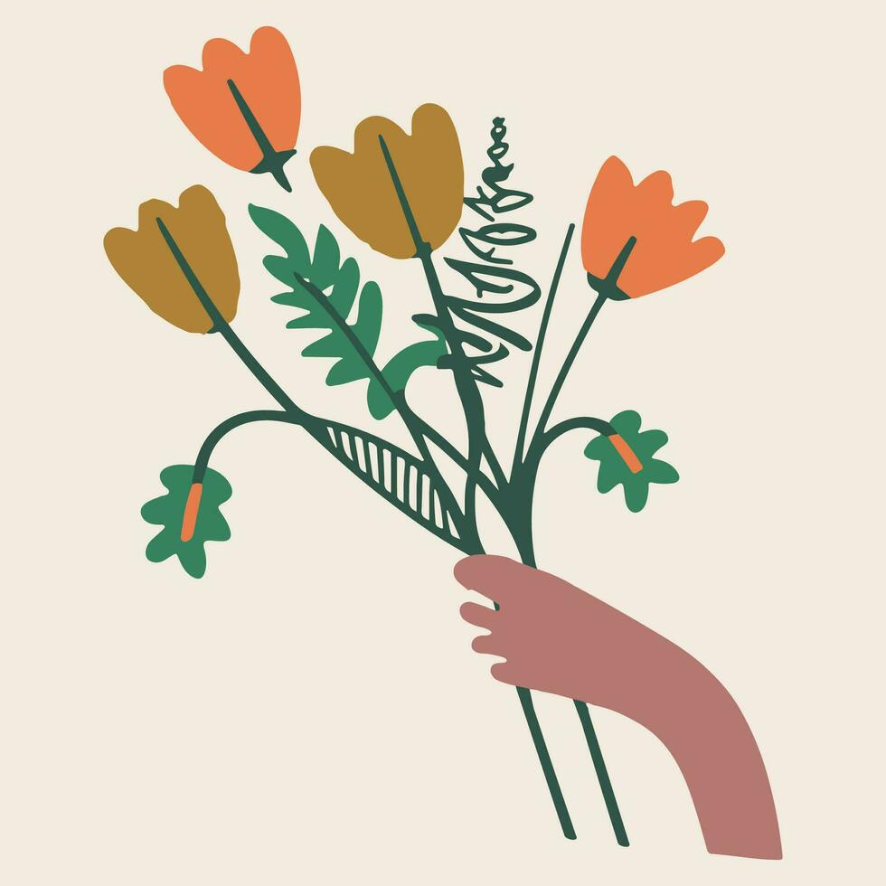 uma mão segurando uma ramalhete do flores, selvagem flores vetor coleção, ervas, herbáceo floração plantas, florescendo flores, subarbustos isolado. mão desenhado detalhado botânico vetor ilustração