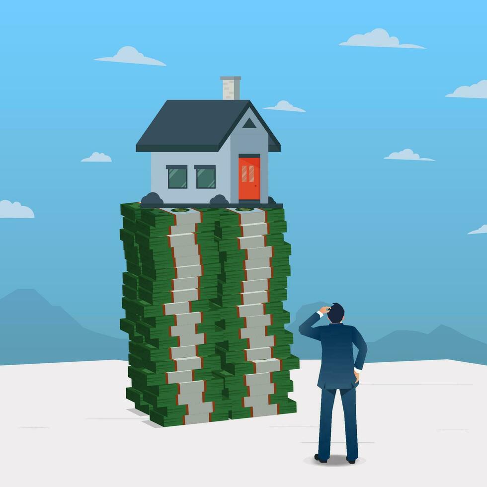 homem de negocios com uma casa em topo do uma pilha do dinheiro vetor ilustração