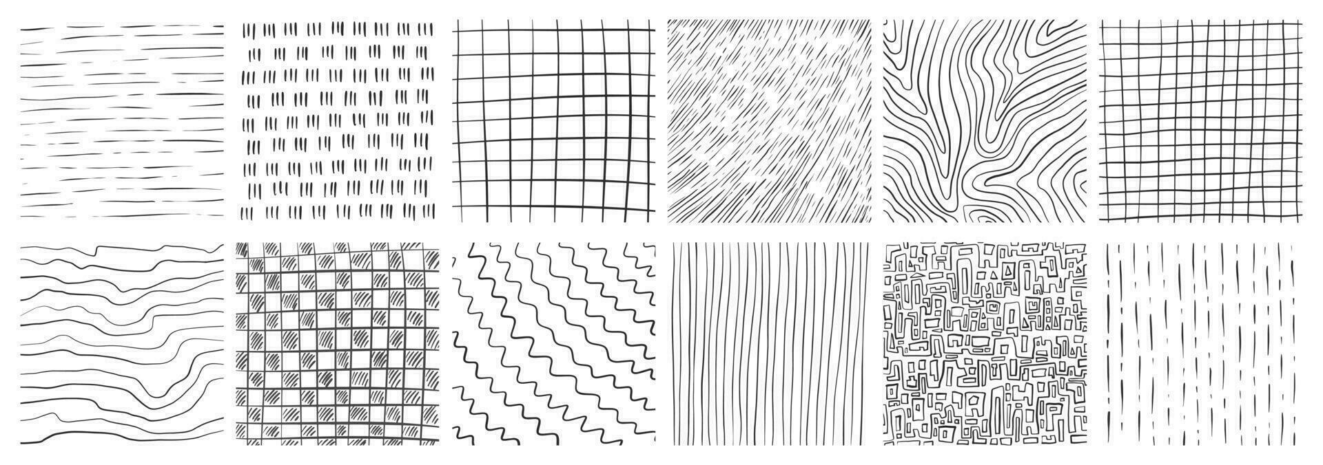 conjunto do mão desenhado textura com diferente lápis padrões. hachurado, chuva, madeira, onda e linhas. vetor ilustração em branco fundo