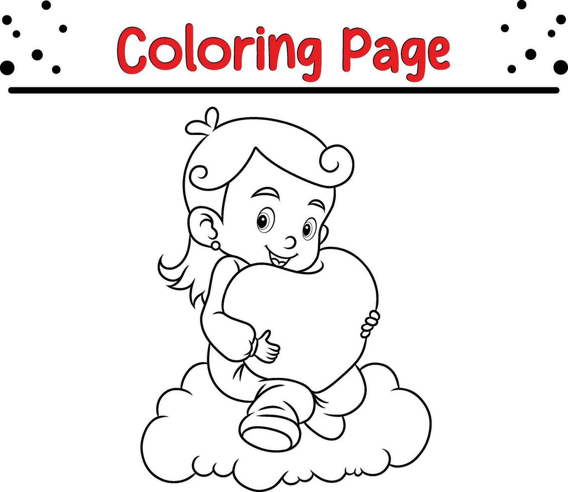 fofa menina segurando amor coração coloração página para crianças. vetor ilustração coloração livro.