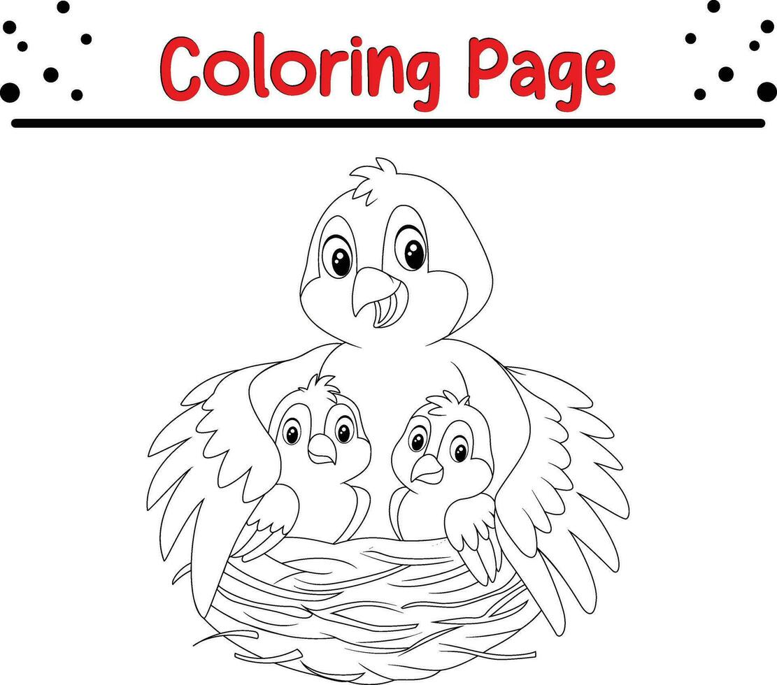 mãe pássaro com dela dois bebês ninho coloração página vetor