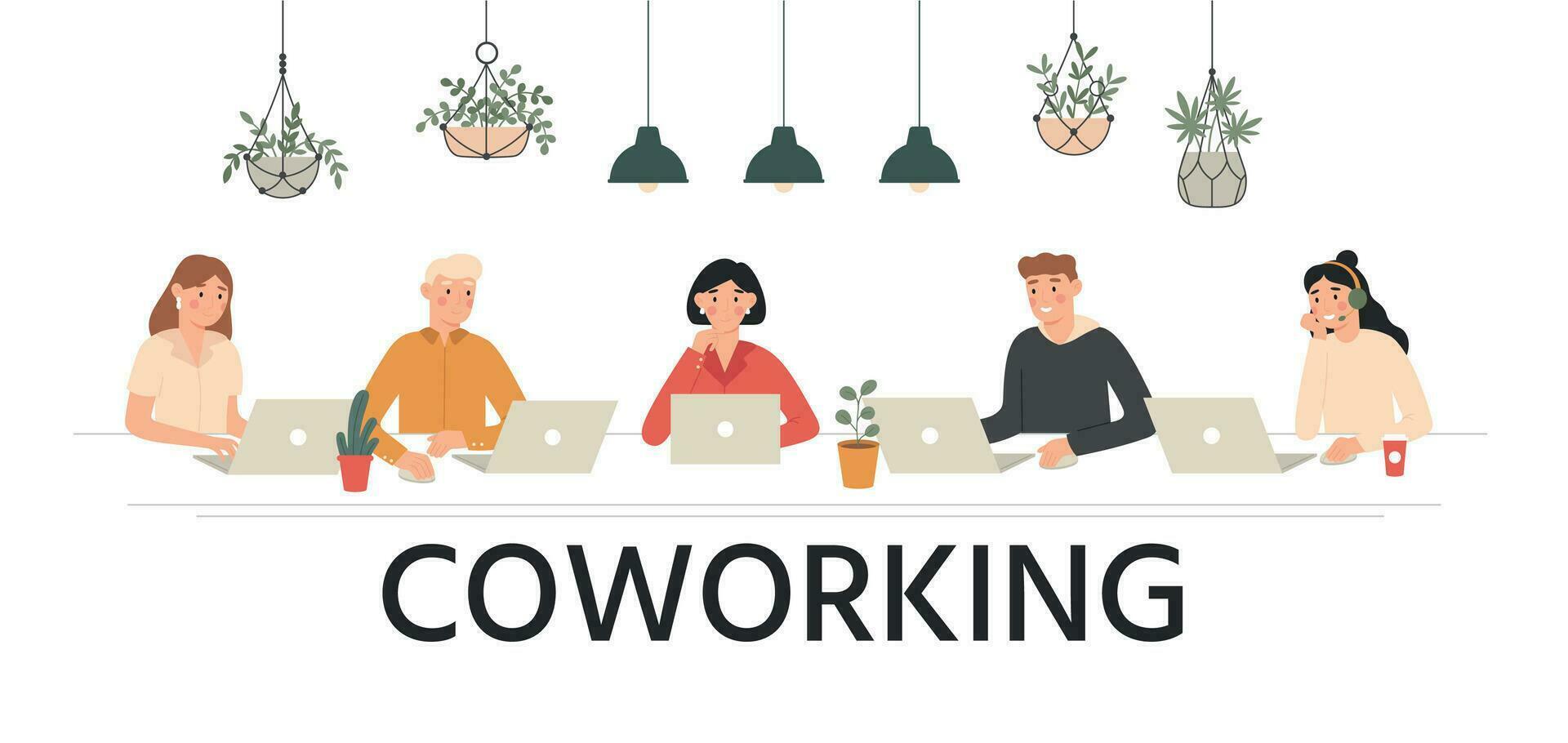 pessoas trabalhos juntos dentro coworking. equipe trabalhar, área de trabalho para equipes e aluguel local de trabalho desenho animado vetor ilustração