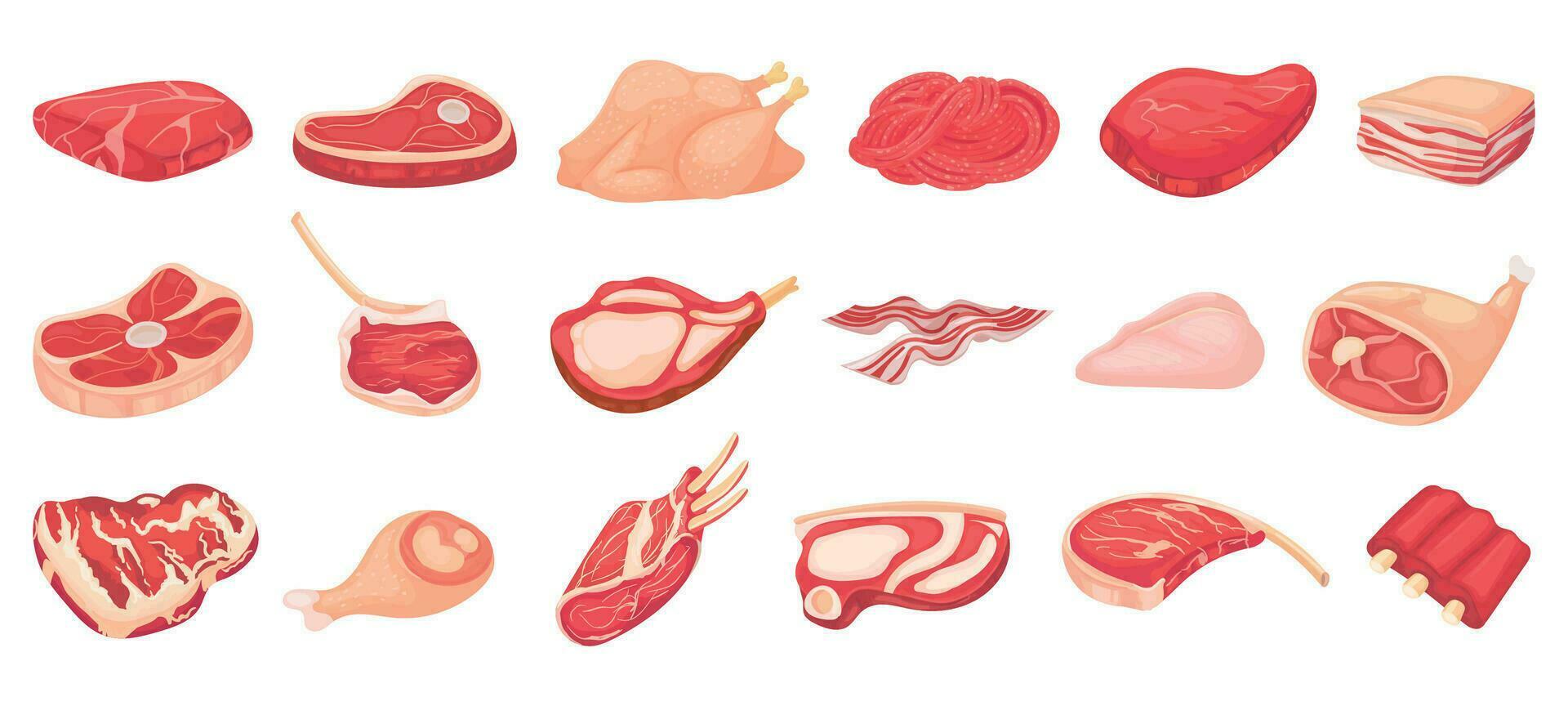 desenho animado cru eu no. bacon, bife e carne picado eu no. prateleira do costelas, frango seio e carne de porco lombo vetor conjunto