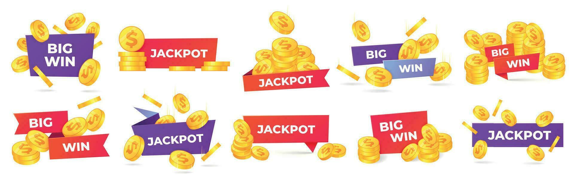 jackpot e grande ganhar rótulos. vencedora Parabéns bandeira, dinheiro prêmio e cassino prêmios rótulo vetor conjunto