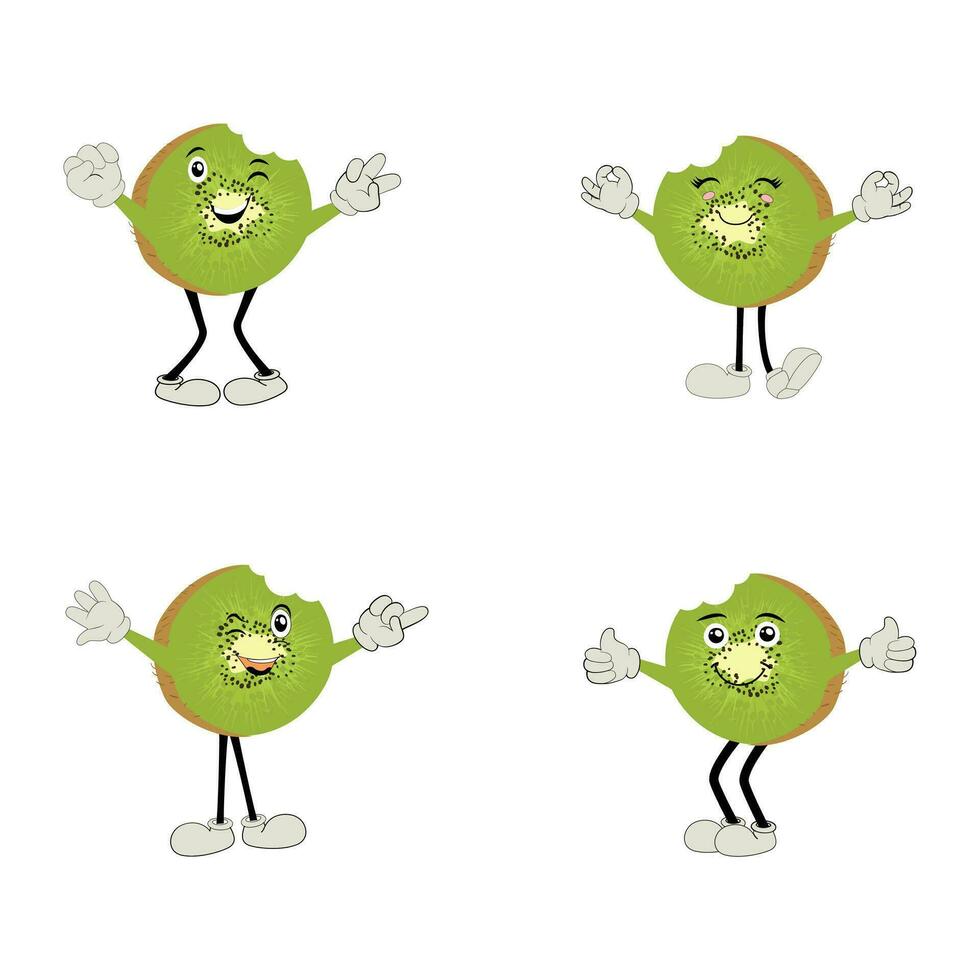 kiwi fruta sorri. fofa desenho animado emoticons. emoji ícones. kiwi personagem com uma legal face e oculos escuros. perfeito para crianças, mercadoria e adesivo, bandeira promoção vetor