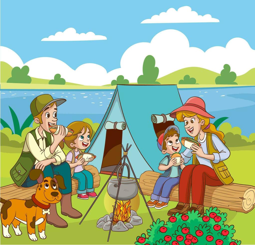 ilustração do uma família acampamento em a rio. vetor ilustração