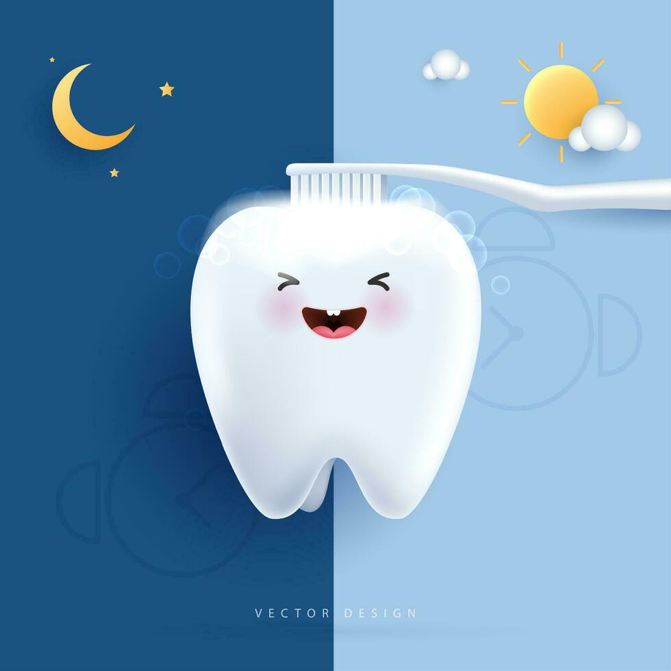 feliz branco dente limpeza com escova vetor. manhã e noite rotina escovar dentes conceito. oral higiene para crianças hospital. saudável dente personagem. fofa limpar \ limpo dente desenho animado ícone. vetor