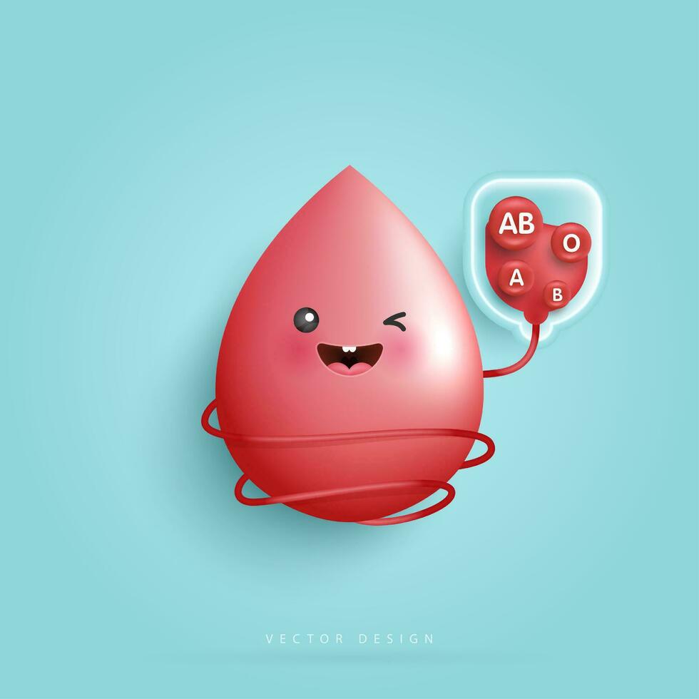 sangue com grupo gotas. sangue tipo. fofa feliz saudável sorridente sangue solta personagem para médico aplicativos, sites e hospital. vetor Projeto.