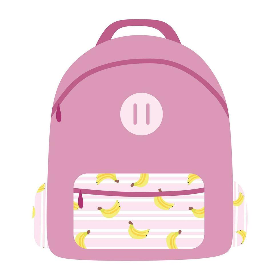 Rosa mochila com banana impressão em bolso. desenho animado vetor plano estilo isolado ilustração. escola saco para livros. estude conceito. Projeto elemento para bandeira, poster, folheto. viagem mochila para garotas.