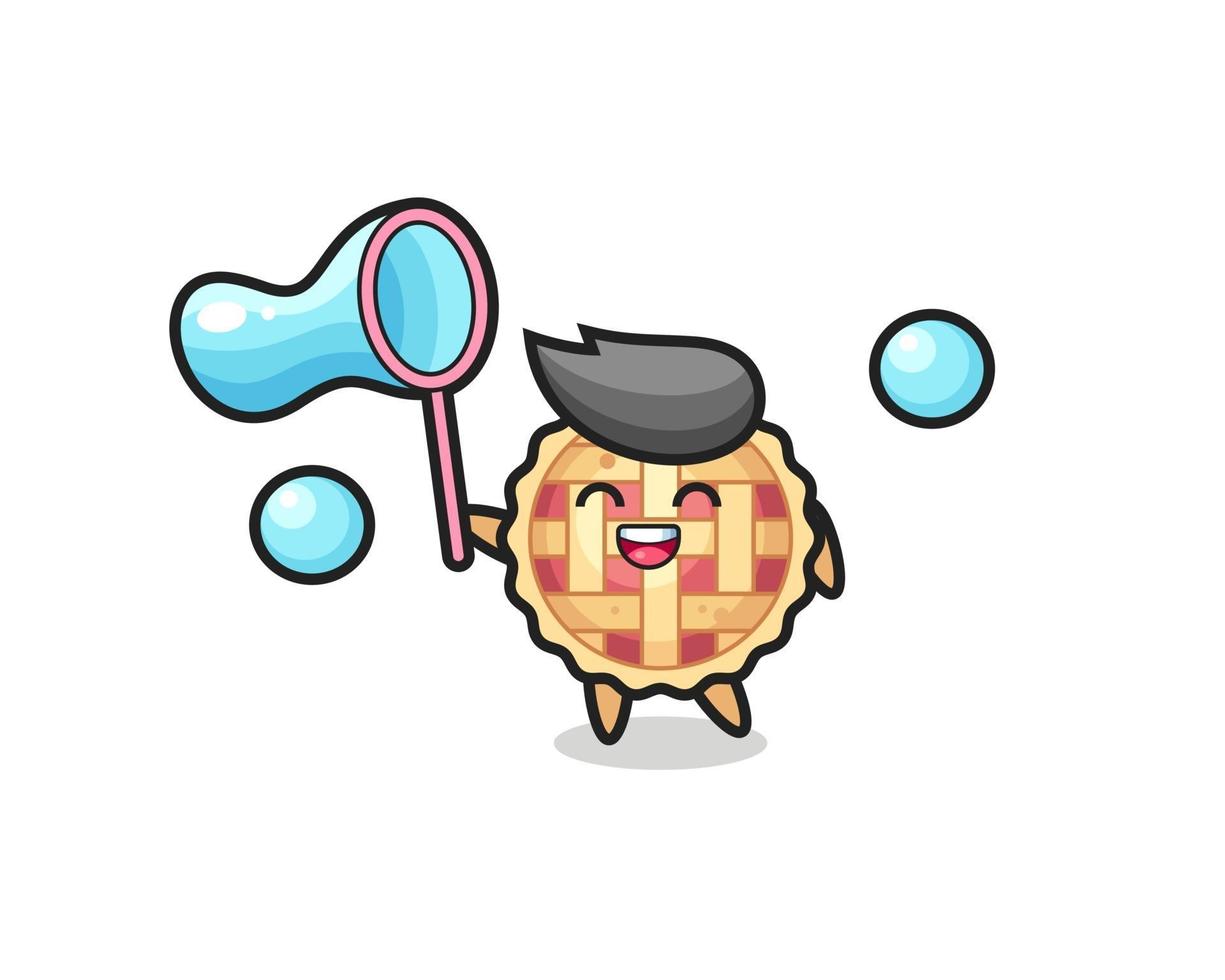 desenho animado de torta de maçã feliz jogando bolha de sabão vetor
