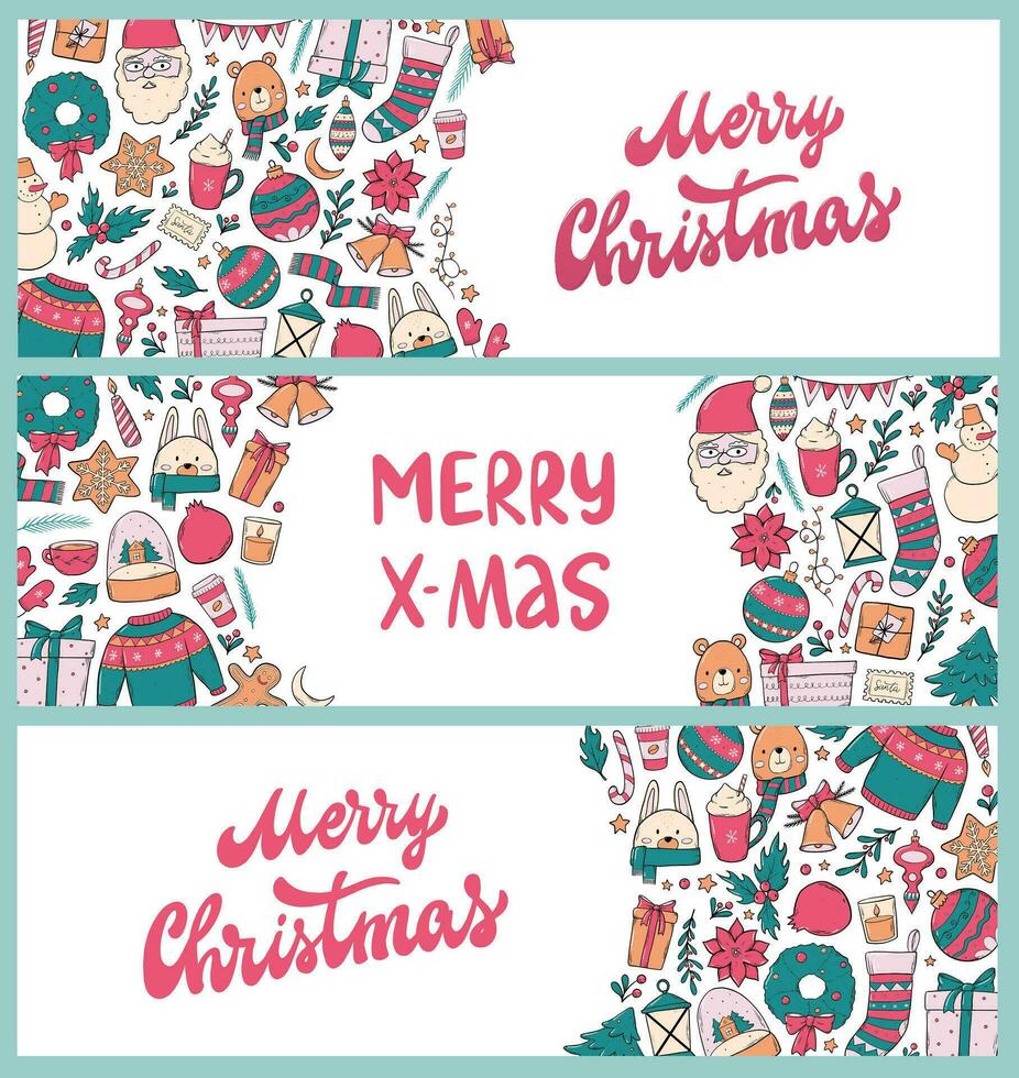 conjunto do Natal horizontal faixas decorado com rabiscos e letras citações. Boa para impressões, favoritos, cartões, convites, modelos, etc. eps 10 vetor
