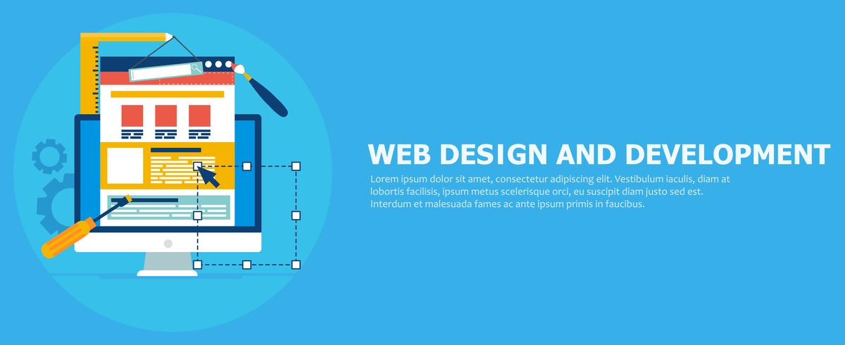 Web design e banner de desenvolvimento. Computador com ferramentas e site de construtor. Ilustração vetorial plana vetor