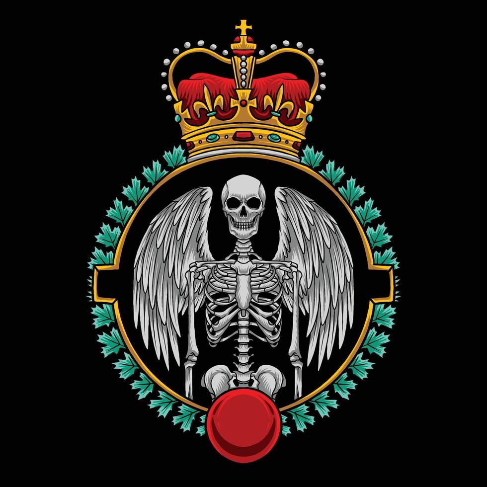 emblema do esqueleto do anjo com logotipo da coroa vetor