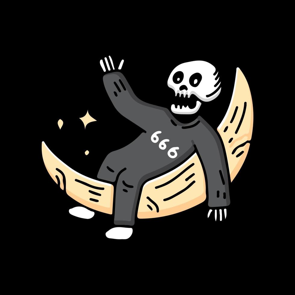 crânio deitado na lua. ilustração para camiseta, logotipo, adesivo vetor