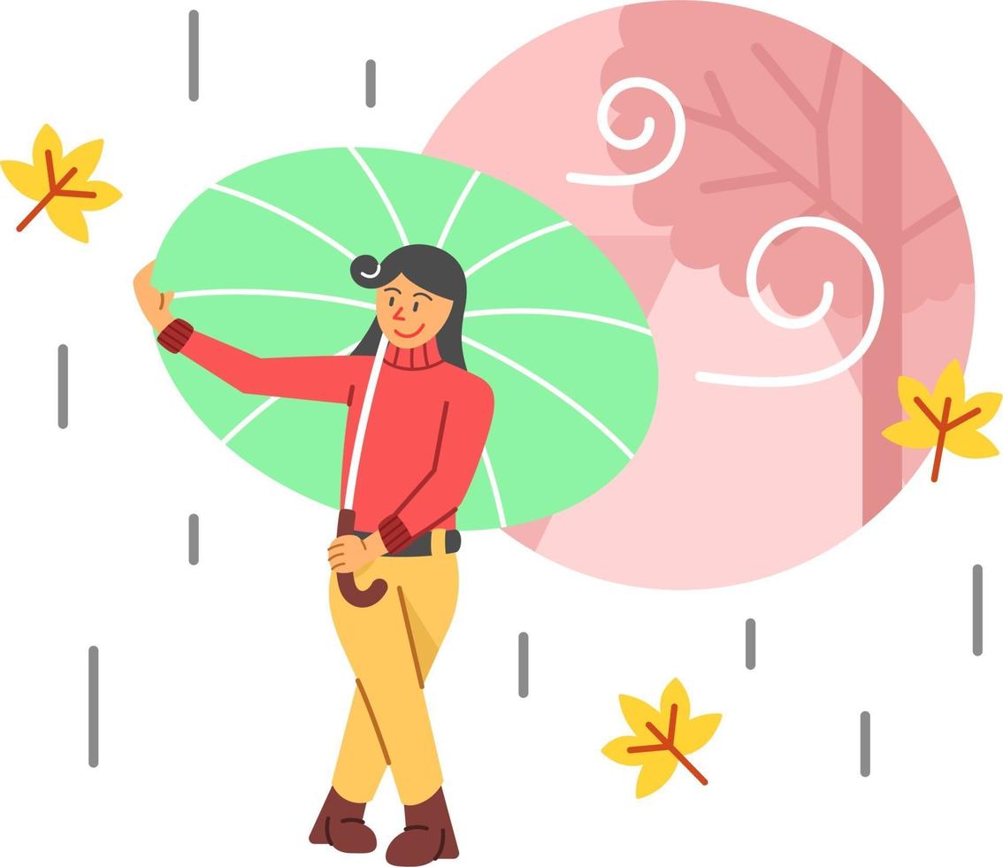 mulher usando guarda-chuva em ilustração plana chuvosa para o tema outono vetor