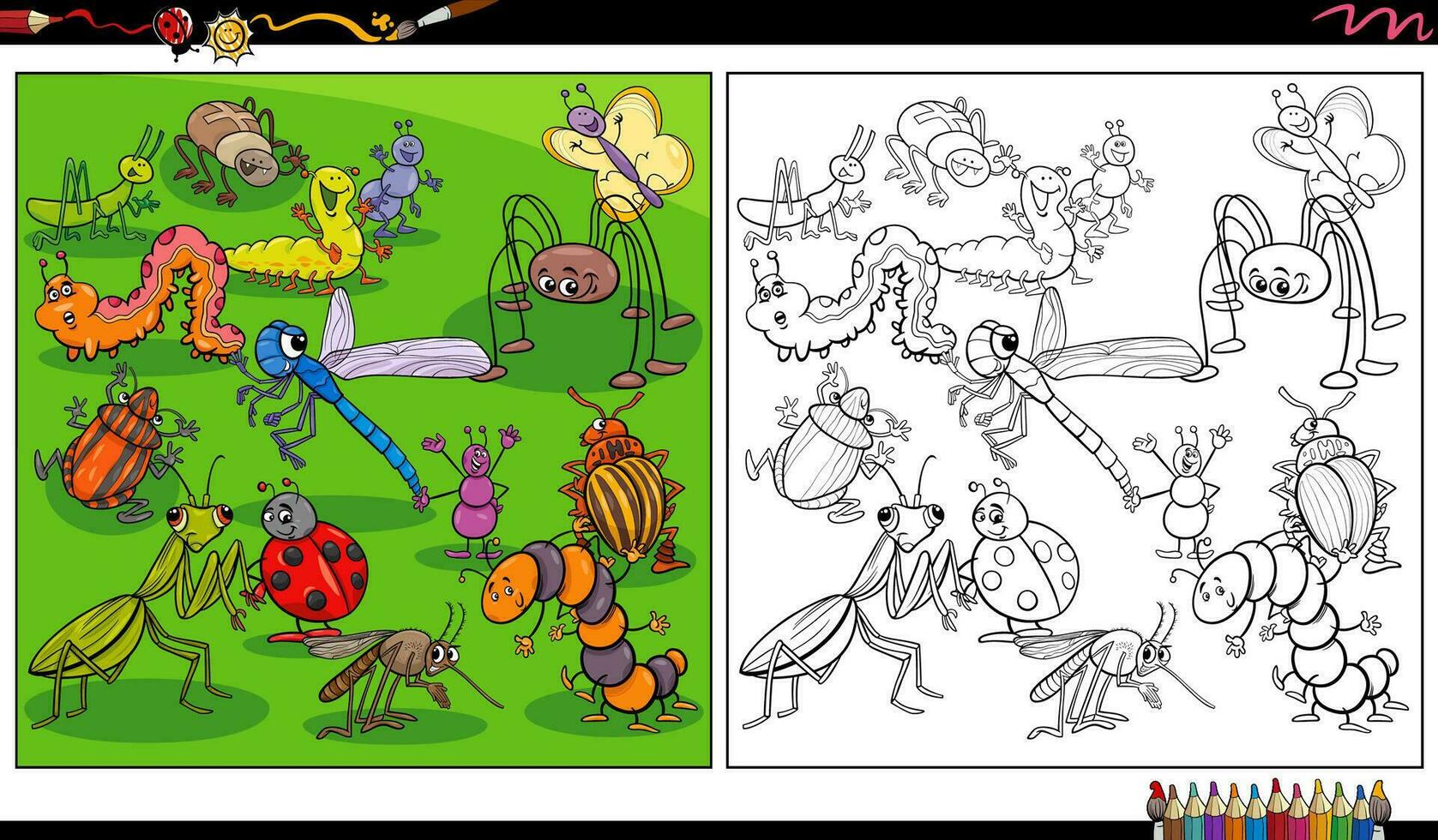 engraçado desenho animado insetos animais coloração página vetor