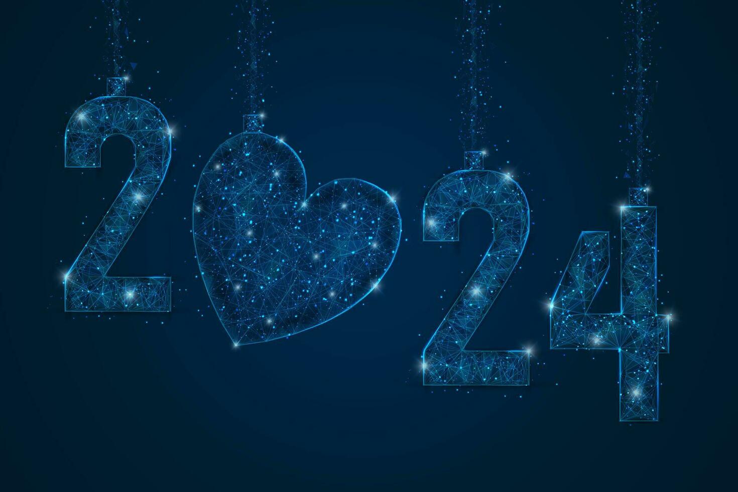 abstrato isolado azul imagem do Novo ano número 2024. poligonal baixo poli estrutura de arame ilustração parece gostar estrelas dentro a fogo noite céu dentro espasmo ou vôo vidro cacos. digital rede, Internet Projeto. vetor