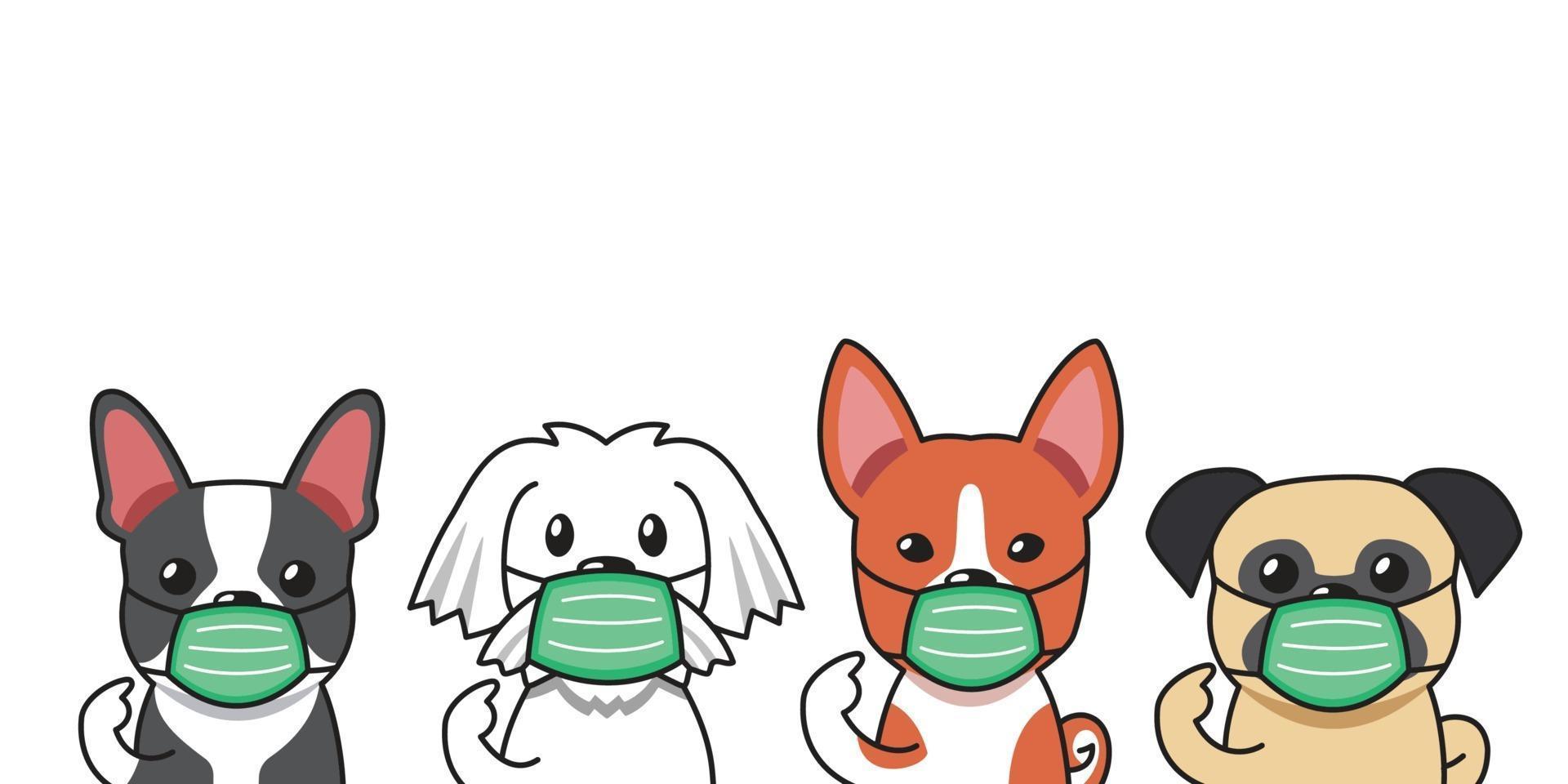 conjunto de cães fofos de personagens de desenhos animados usando máscaras protetoras vetor