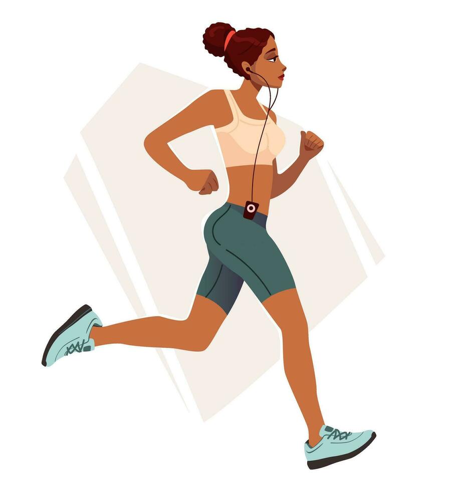 africano americano Preto Atlético mulher dentro roupa de esporte em uma correr. uma mulher é acionado dentro Esportes e fitness. Esportes treinamento. desenho animado vetor ilustração.