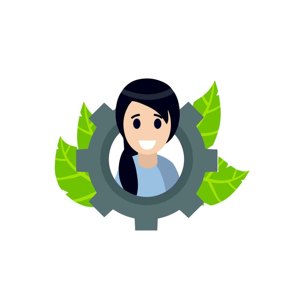 avatar do mulher dentro engrenagem. mecanismo e verde folhas. a logotipo do frescor. conceito para social rede. feliz sorridente fêmea personagem. plano desenho animado vetor