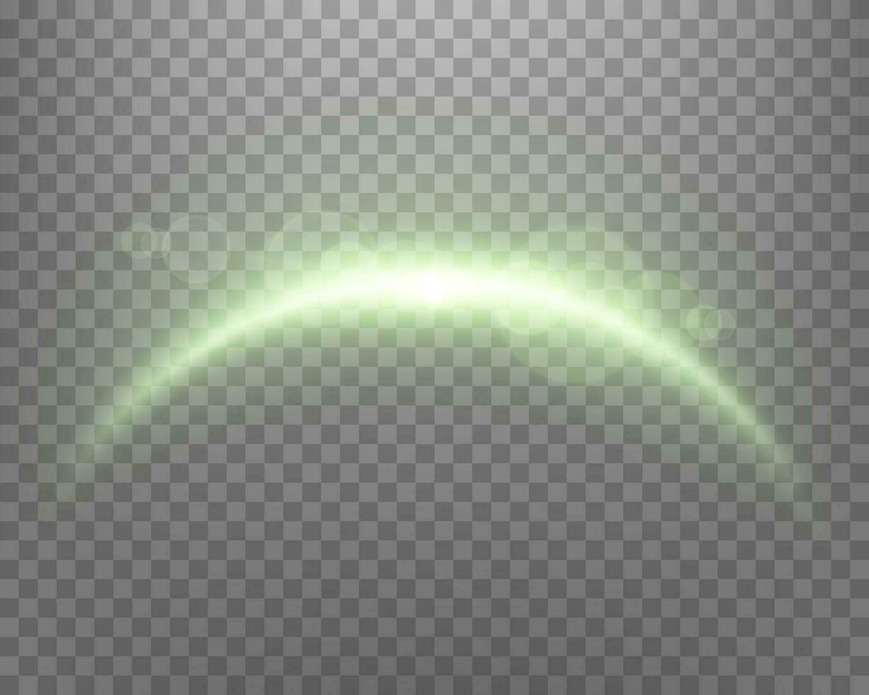verde Magia arco com brilhando partículas, luz solar lente flare. néon realista energia flare arco. abstrato luz efeito. vetor ilustração.