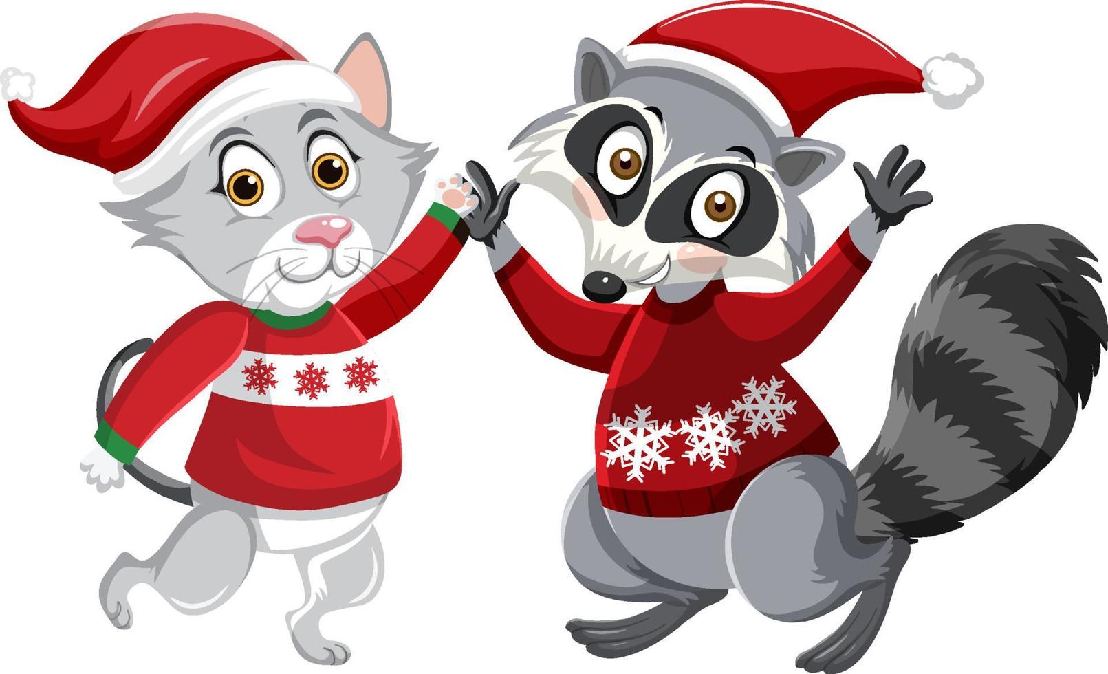 Guaxinim fofo e gato usando chapéu de Natal personagem de desenho animado vetor