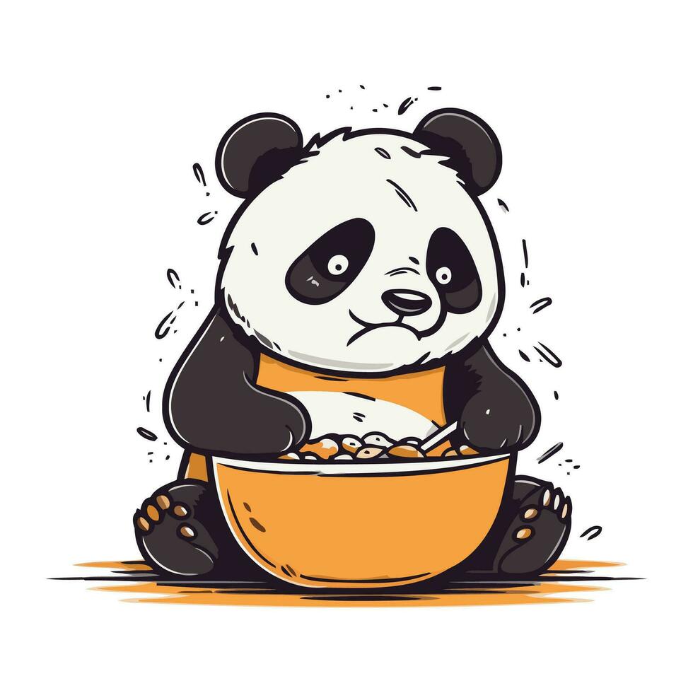 fofa panda comendo uma tigela do Comida. vetor ilustração.