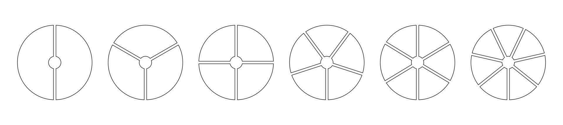 torta gráfico modelos. círculo dividido em 2, 3, 4, 5, 6, 7 igual fatias. gráfico linha arte. roda diagramas com dois, três, quatro, cinco, seis, Sete setores. esboço rosquinha gráfico ou torta segmentado. vetor ícones