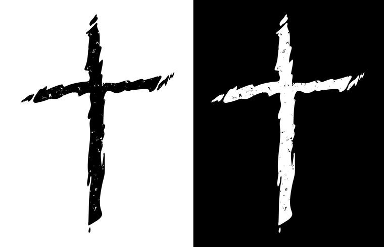 Cruz cristã afligida áspera velha na ilustração isolado isolado preto e branco do vetor