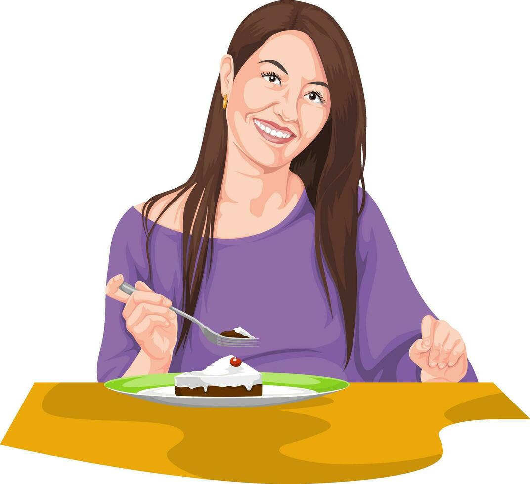 vetor do mulher comendo usando garfo.