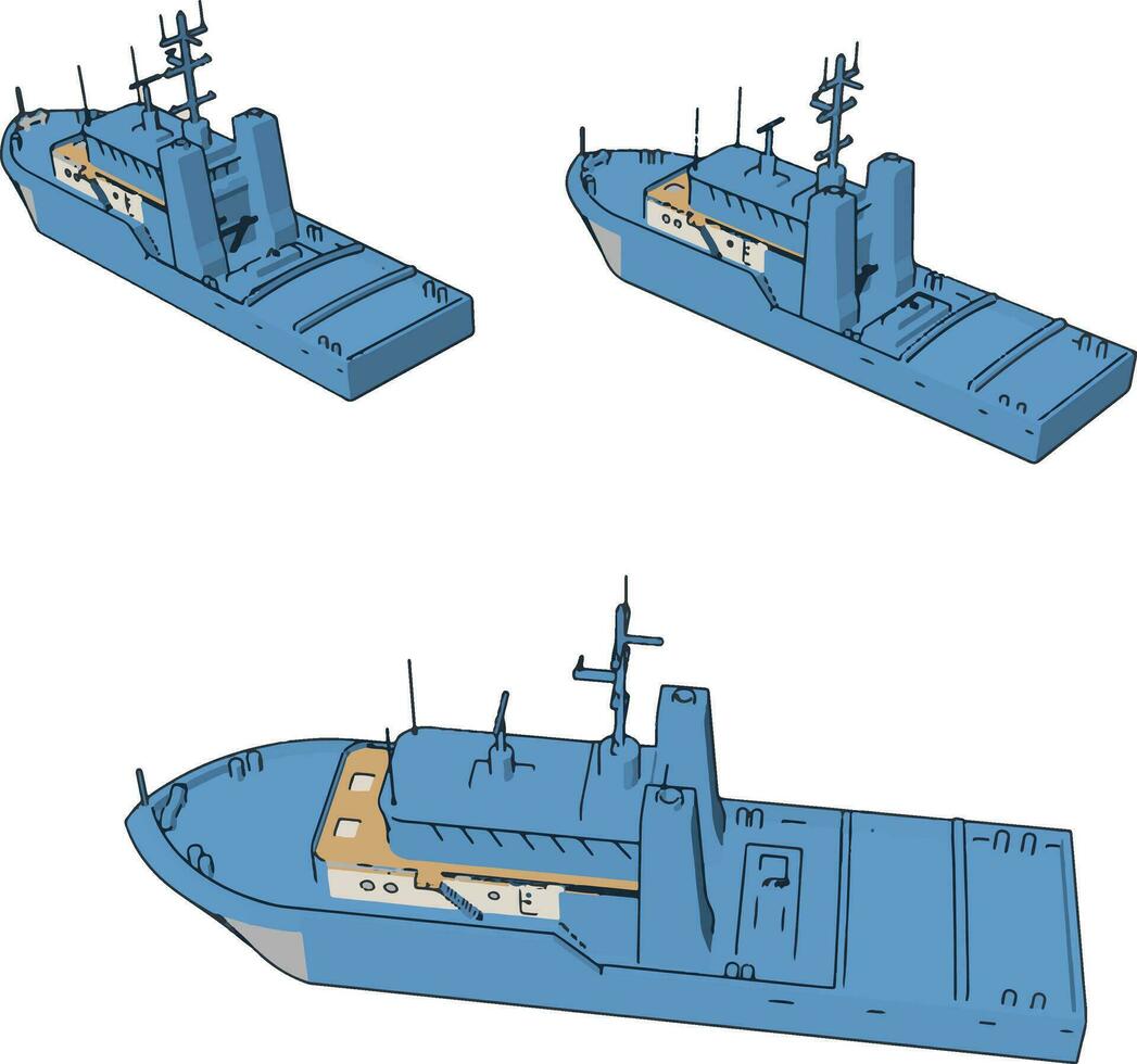 simples desenho animado do três azul marinha batalha navios vetor ilustração em branco fundo