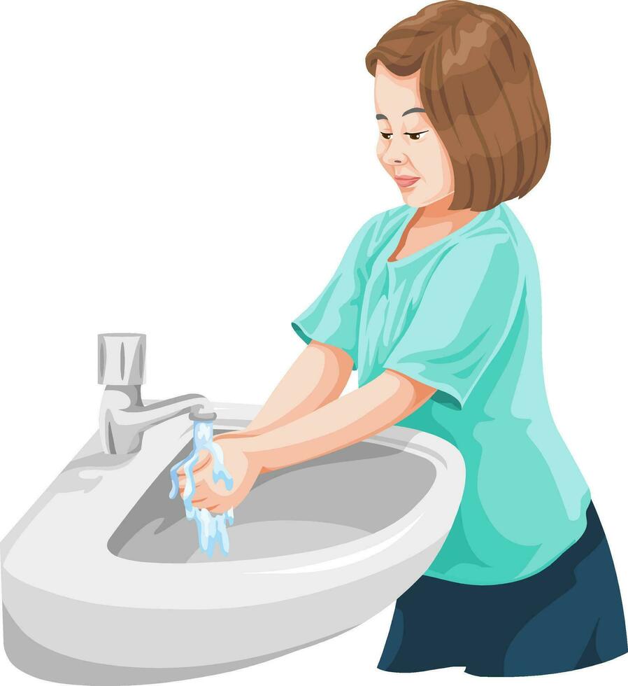 vetor do menina lavando mãos dentro lavar bacia.