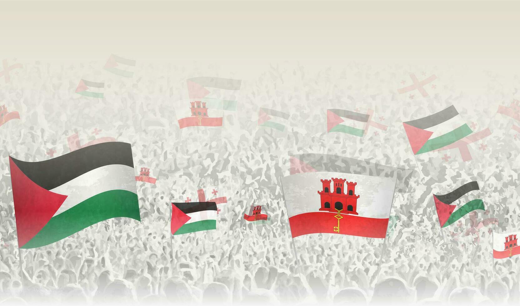 Palestina e Gibraltar bandeiras dentro uma multidão do torcendo pessoas. vetor