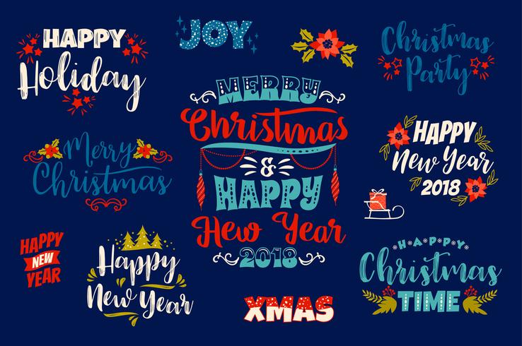 Conjunto de desenhos de letras de Natal e feliz ano novo. vetor