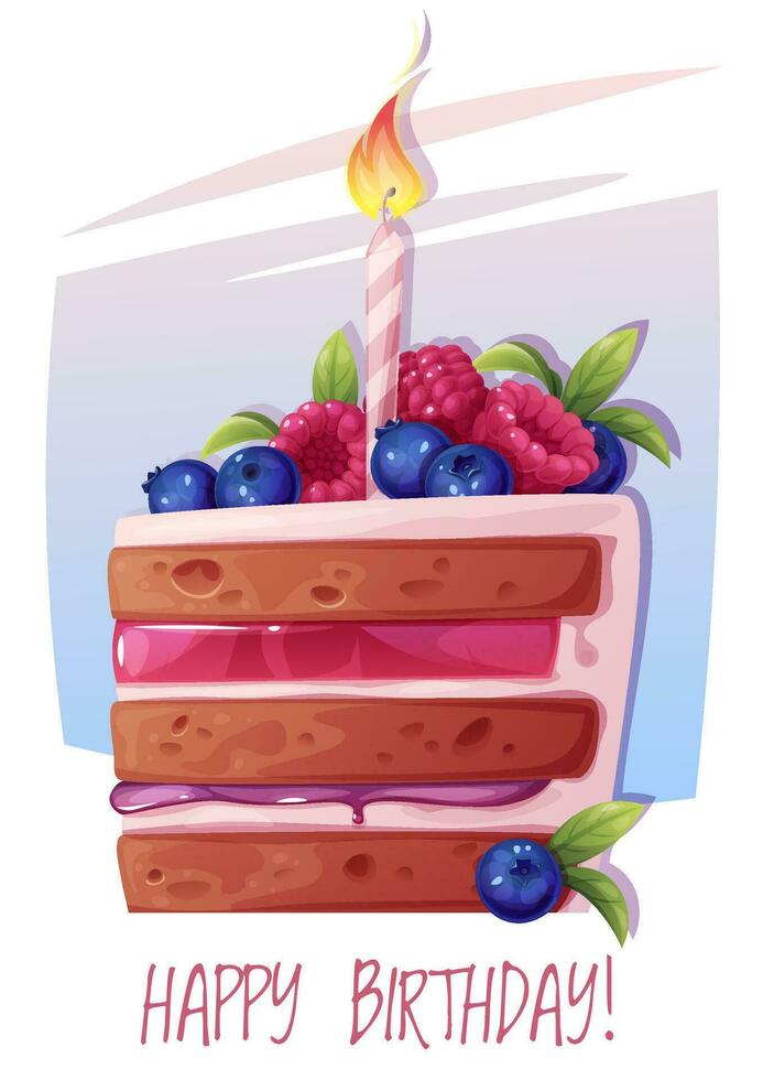 bandeira, folheto com uma bolo decorado com creme, framboesas, amoras e uma vela. feliz aniversário convite Projeto para feriado, aniversário, festa vetor