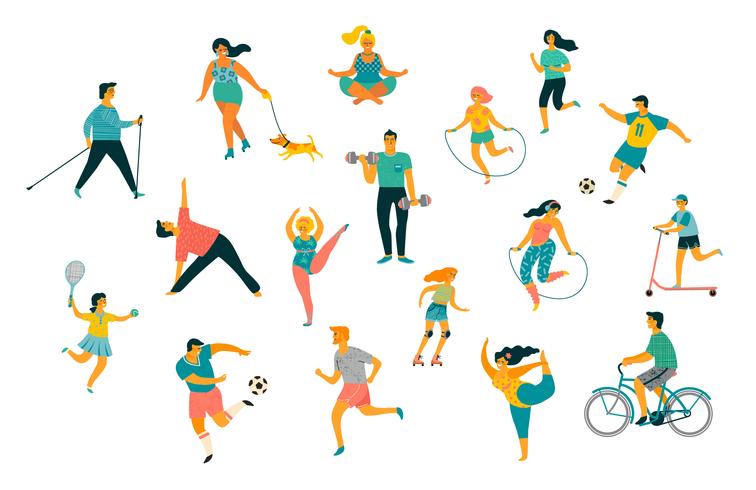 Dia Mundial da Saúde. Vector a ilustração dos povos que conduzem um estilo de vida saudável ativo.