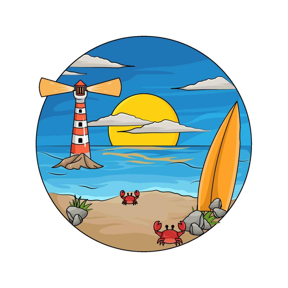 caranguejo, surfar quadro, mercusuar dentro de praia ilustração vetor