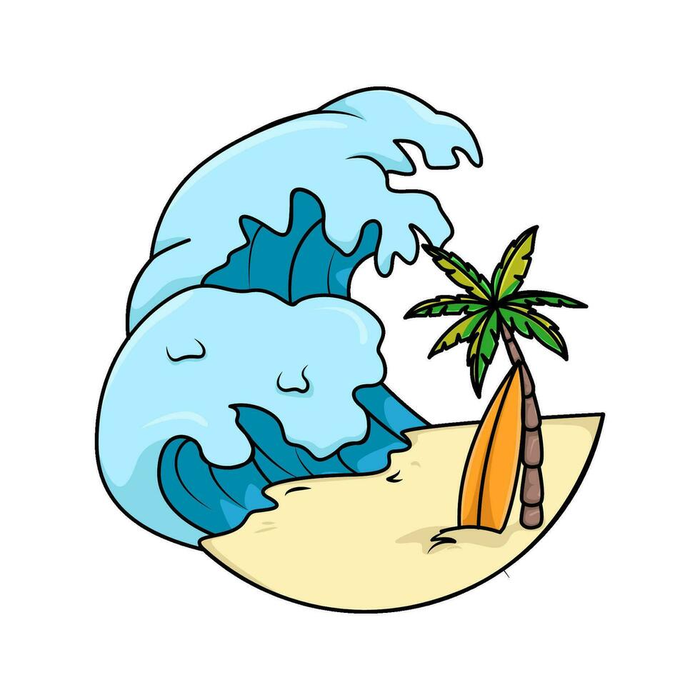 mar aceno, Palma árvore com surfar borda ilustração vetor