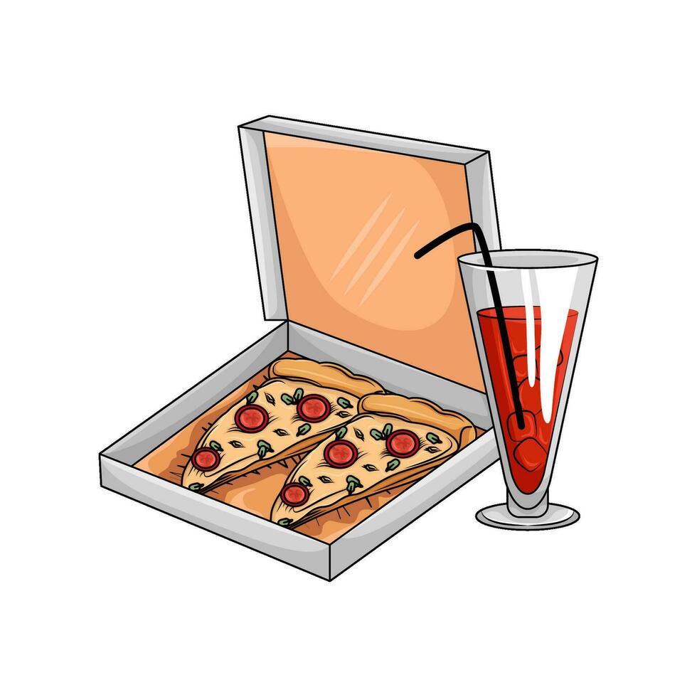 pizza calabresa dentro caixa com vidro beber ilustração vetor