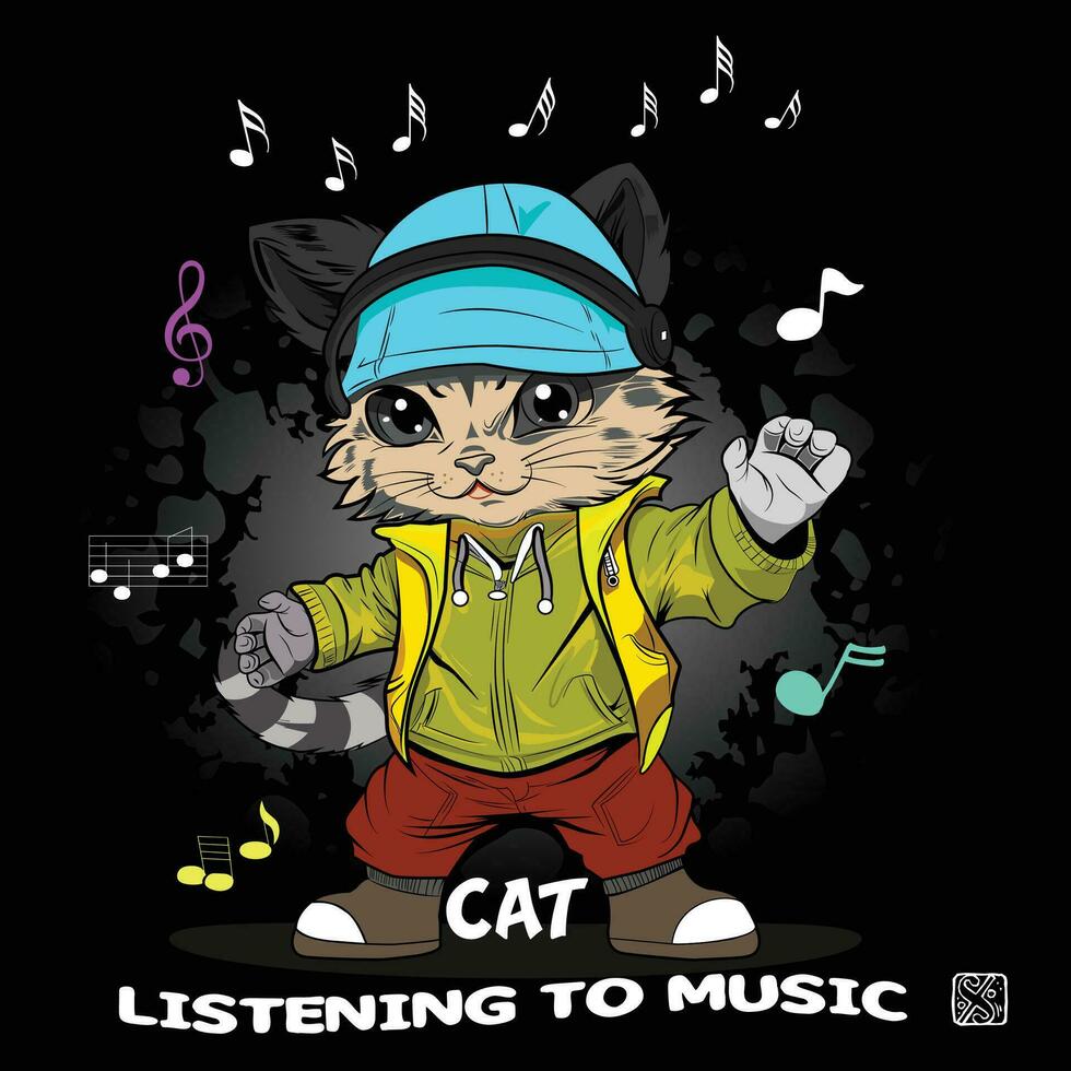 fofa desenho animado gato ouvindo para música, vetor imagens, para impressão ilustração t camisa arte