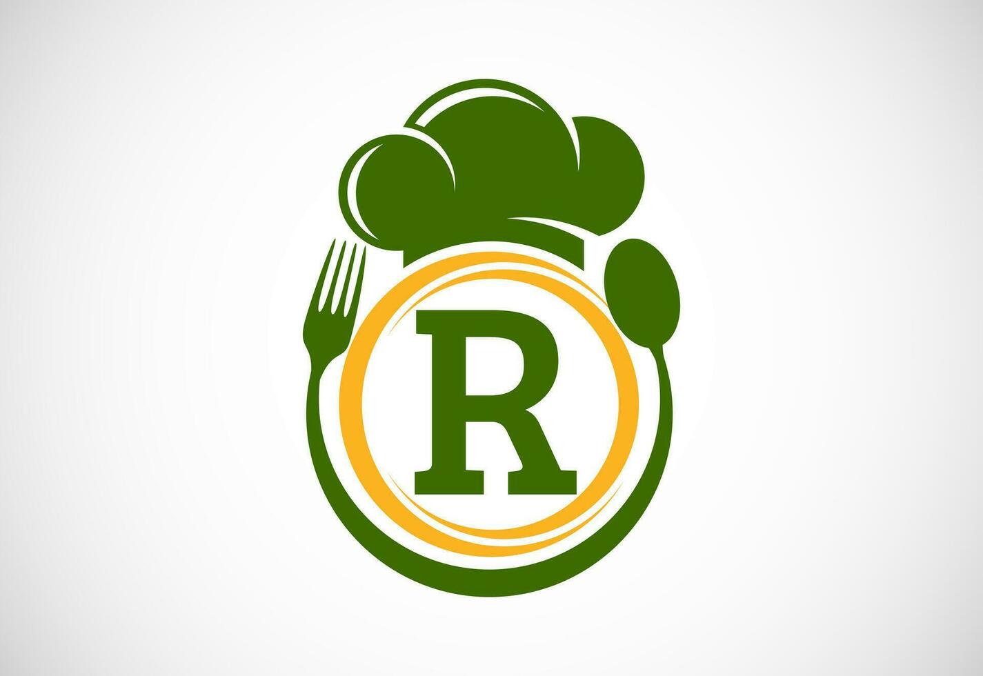 inicial alfabeto r com chefe de cozinha chapéu, colher e garfo. moderno vetor logotipo para cafeteria, restaurante, cozinhando negócios, e companhia identidade